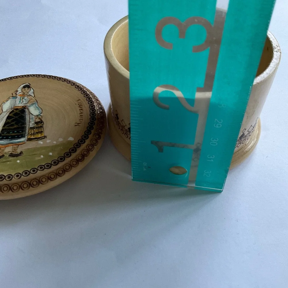 VTG Romania Hand Painted Carved Wooden Trinket Box Folk Art Lacquered Pyrography